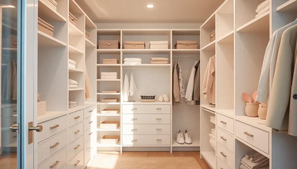 Closets designed for ultimate organization featuring innovative shelving and smooth textures.