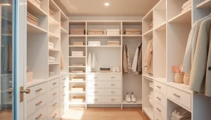 Closets designed for ultimate organization featuring innovative shelving and smooth textures.
