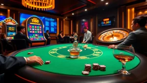 Betting at DR88 casino with professional players and vibrant slot machines.