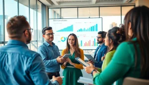SEO expert engages professionals in a modern office setting with data insights.
