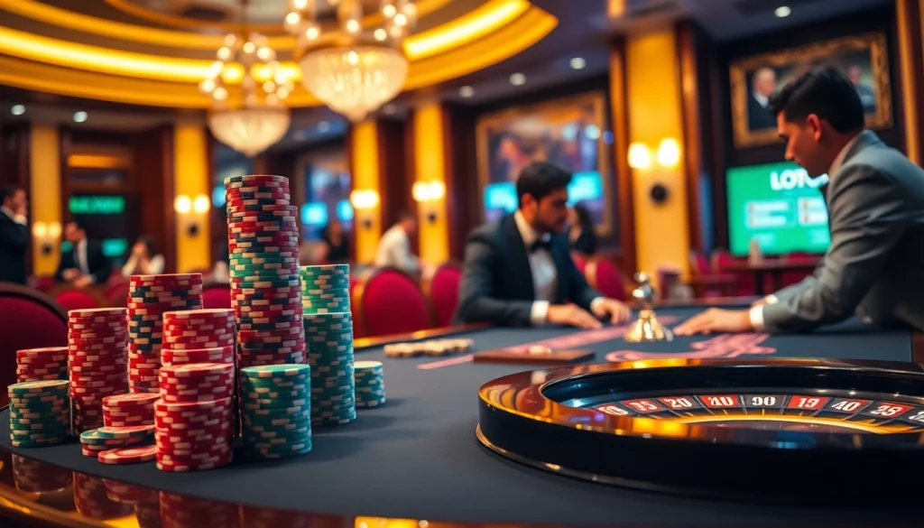 Experience the excitement of Casino LOTO188 with vibrant poker chips and a thrilling roulette wheel.