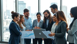 Team collaboration at an Agency discussing strategies over digital charts in a bright office.