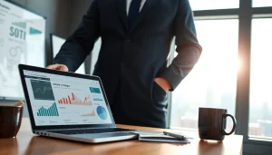 SEO expert evaluates website data in a bright, modern office with performance charts and metrics.