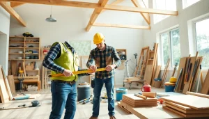 Showcase of home renovation work highlighting a contractor measuring wood in a bright, organized workspace.