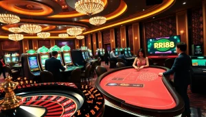 Experience the excitement of gambling at RR88.wales, featuring luxurious casino tables and engaging players.