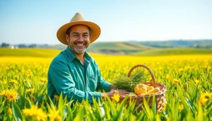 Petani toto sedang panen di ladang hijau subur dengan hasil pertanian melimpah.