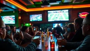 Capture the excitement of sports betting in Alabama in a lively sports bar atmosphere.