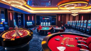 Participants enjoying thrilling games at Hay88 casino with vibrant slot machines and roulette.