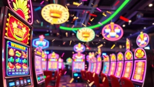 Rasakan kegembiraan permainan slot gacor dengan pemain merayakan kemenangan di kasino modern.