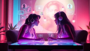 Engaging scene of a futuristic virtual chat interface showcasing ai sex chat interactions with diverse AI characters.