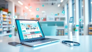 Bewerten von Online-Apotheken auf https://www.apotheken-erfahrung.com mit modernen Geräten und Gesundheitsikonen.