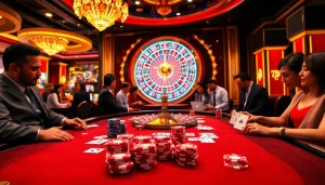 Excited players enjoying a game table at 789win casino, with vibrant poker chips and a roulette wheel.