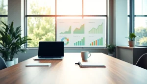 Engaging workspace showcasing Business elements like a laptop and growth charts.