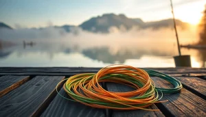 Showcasing a vibrant fly fishing line elegantly coiled on a wooden dock at dawn, highlighting its features.