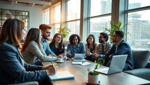 Engaging business meeting showcasing teamwork and collaboration in a modern office.