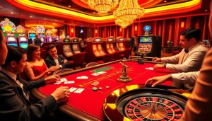 Players enjoying a thrilling game night at Hi88 casino with vibrant tables and slot machines.