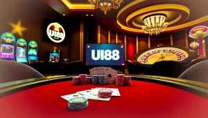 UU88 gaming scene with a poker table, vibrant slot machines, and roulette wheel.
