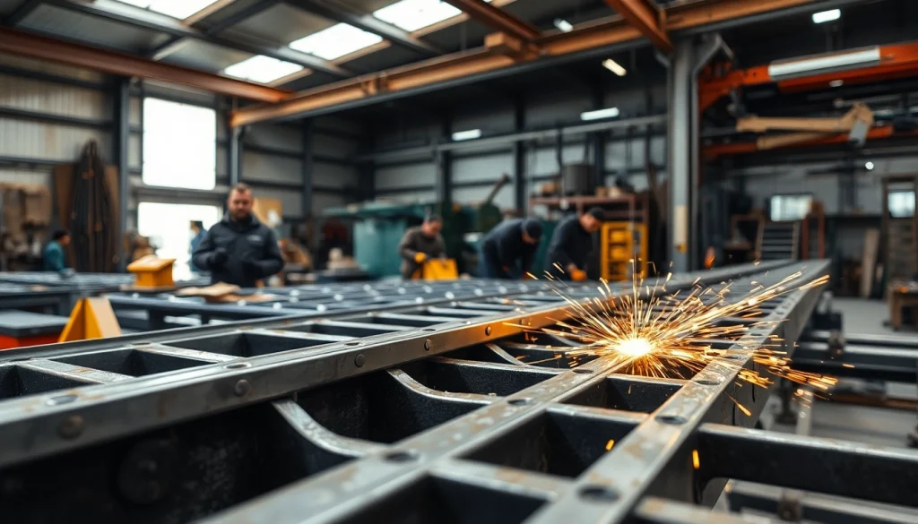 Highlighting structural steel fabrication processes with artisans crafting steel beams in a vibrant workshop.