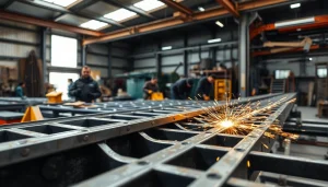 Highlighting structural steel fabrication processes with artisans crafting steel beams in a vibrant workshop.