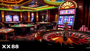 Experience thrilling gameplay at XX88 casino tables with vibrant roulette and poker action.