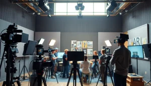 Engaged filmmakers working in a video production company Calgary studio showcasing creativity and collaboration.