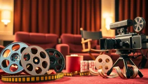 Experience https://bandarlayarkaca21.com with a cozy home theater setup featuring iconic cinema elements.