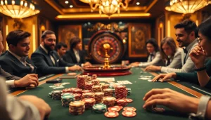 Engaging poker scene at a luxury casino highlighting Trang chủ OK8386 with vibrant chips and cards.