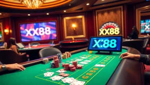 Play Baccarat at XX88 Casino with chips and a vibrant gaming atmosphere