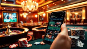 Experience high-stakes gaming with the 20bet App on a mobile device surrounded by casino elements.