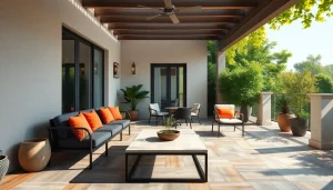 Belle terrasse extérieure avec des carreaux de carrelage extérieur élégants, verdure accueillante et mobilier moderne.