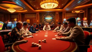Experience the thrill of kkwin gaming at a luxurious poker table with excited players and vibrant casino elements.