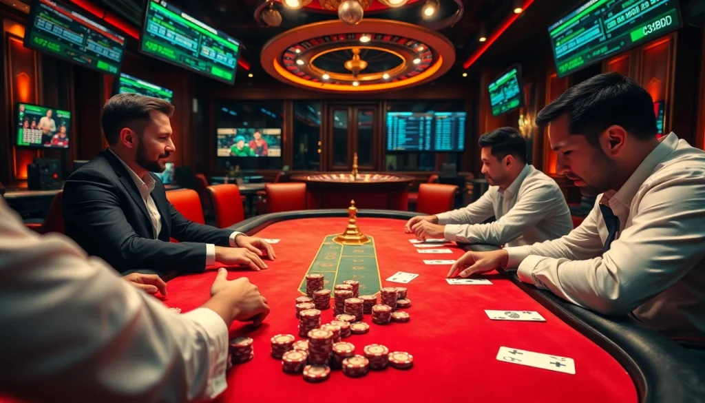 Experience thrilling gameplay at 33BD with engaged players at a luxury poker table.
