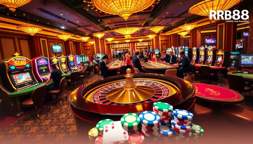 RR88 casino scene showcasing vibrant slot machines and a roulette table.