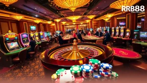 RR88 casino scene showcasing vibrant slot machines and a roulette table.