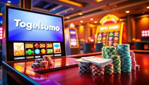 Antarmuka perjudian online Togelsumo yang menampilkan kegembiraan permainan slot yang berwarna-warni dengan chip poker.