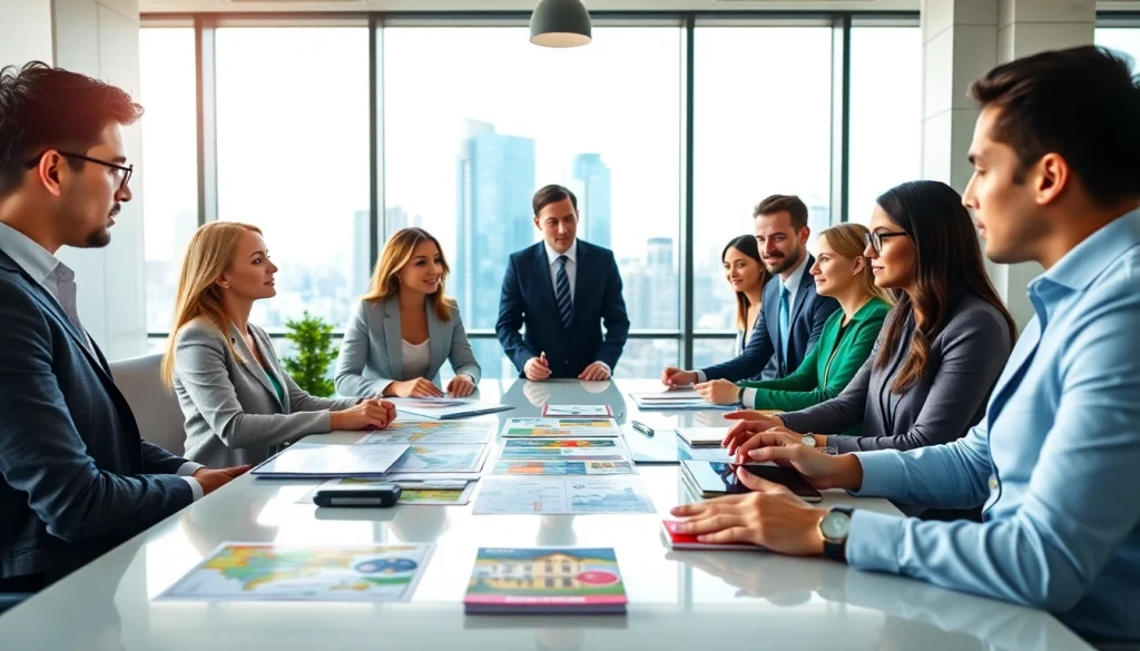Engaging real estate agents collaborating in a modern office showing property insights.