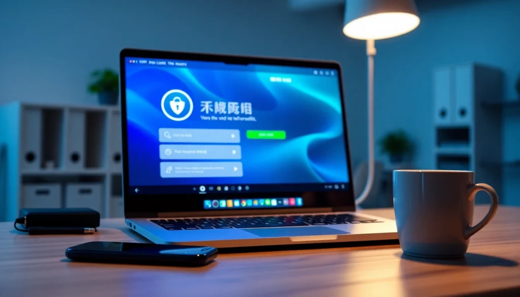 快连下载 app interface displayed on a laptop screen in a modern workspace.