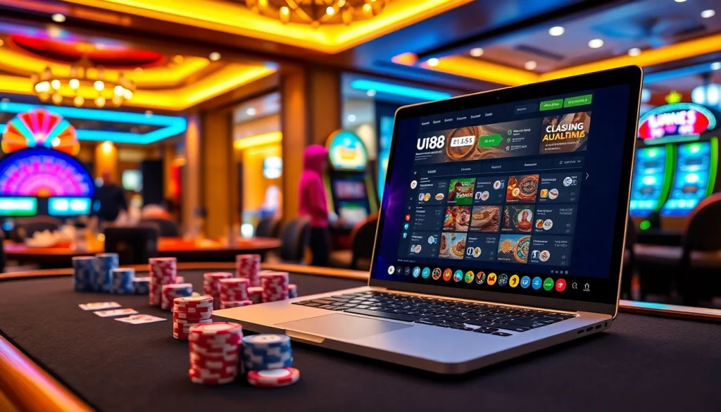 Experience thrilling gameplay at uu88 with poker chips, cards, and a lively casino atmosphere.