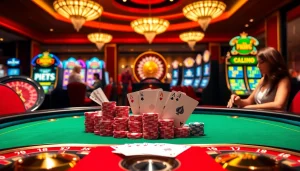 Players enjoying a thrilling game scene at nhà cái sv66 casino, surrounded by vibrant poker chips and cards.