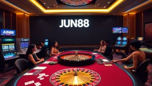 JUN88's vibrant casino atmosphere with elegant tables and players enjoying the thrill of gaming