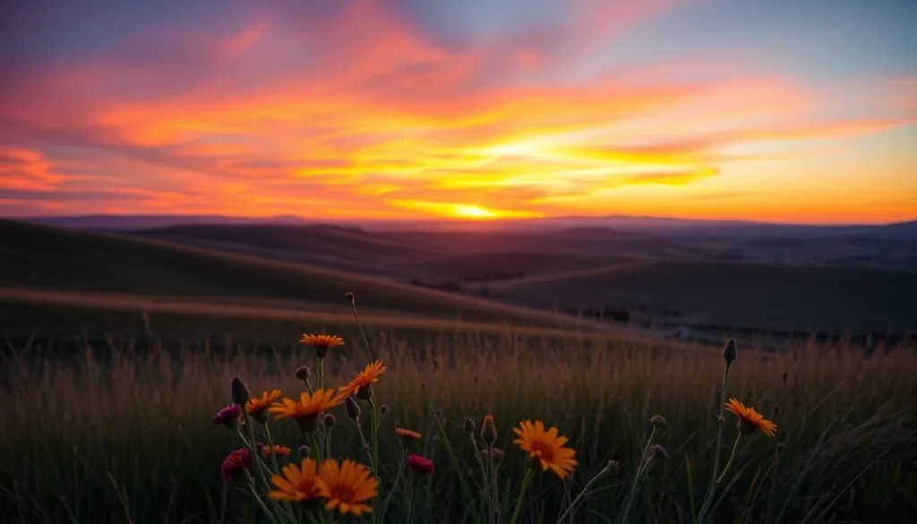 Witness the stunning sunset illuminating Clarksburg, CA with vibrant colors and blooming wildflowers.