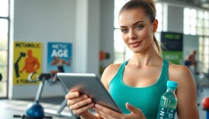 Calculate your metabolic age calculator in a bright gym with an athlete using a tablet.
