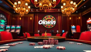 Experience excitement in an Okwin-themed casino scene, featuring luxurious poker tables and vibrant gaming elements.