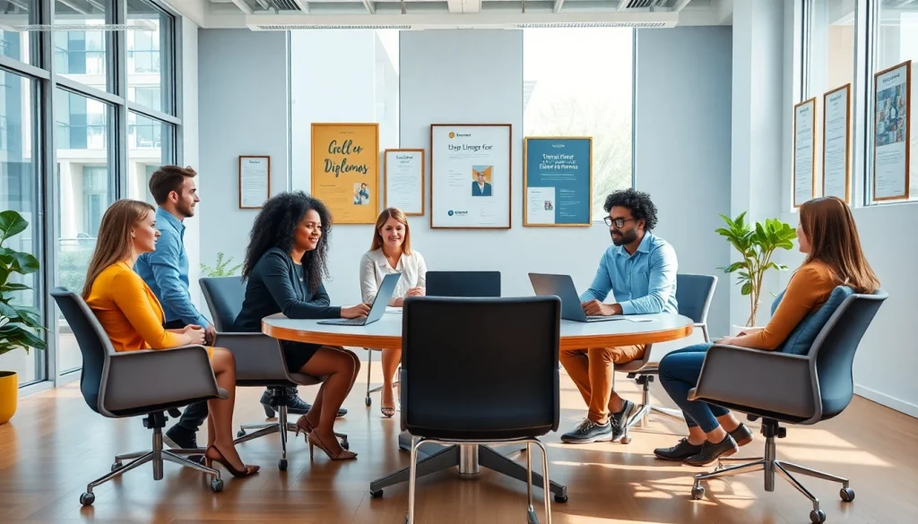 Engaging professionals discussing Diploma kopen in a modern office setting.