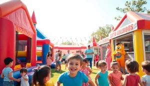 Engaging family entertainment scene by https://www.tcspecialentertainment4u.com with vibrant bounce houses and happy children.