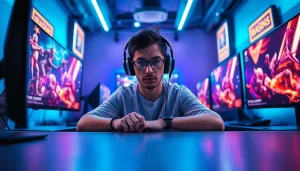 Gamers engaging on https://www.gamelevate.com with vibrant gaming visuals and neon lighting.