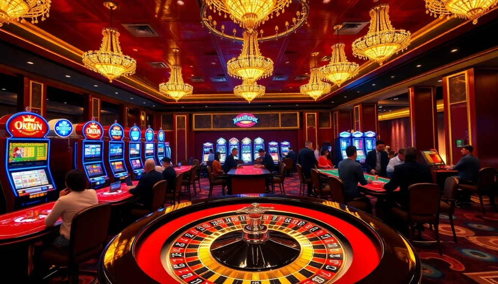 Engaging in thrilling games at Okfun casino, showcasing vibrant slot machines and roulette tables.