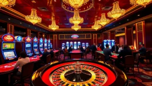 Engaging in thrilling games at Okfun casino, showcasing vibrant slot machines and roulette tables.
