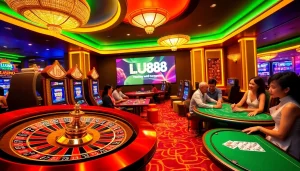 LU88 players enjoying a dynamic casino experience at the slot machines and roulette tables.