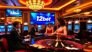 Engaging scene of online gambling featuring live dealers and 12bet branding.